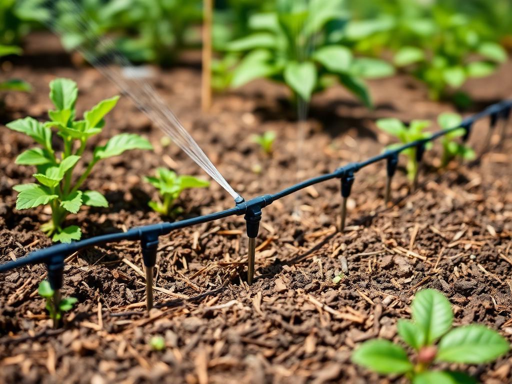 Drip irrigation line watering garden plants