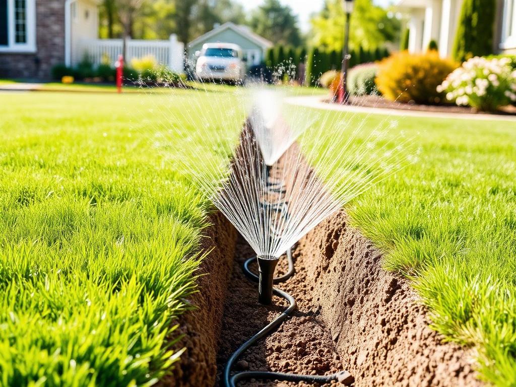 Pop-up sprinkler being installed in a green lawn